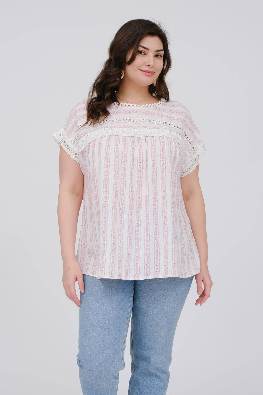 PLUS STRIPE FLORAL BATWING SHORT SLEEVE TOP
