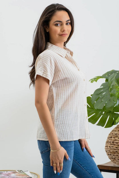 STRIPE COLLARED SHORT SLEEVE LINEN SHIRT: BLACK