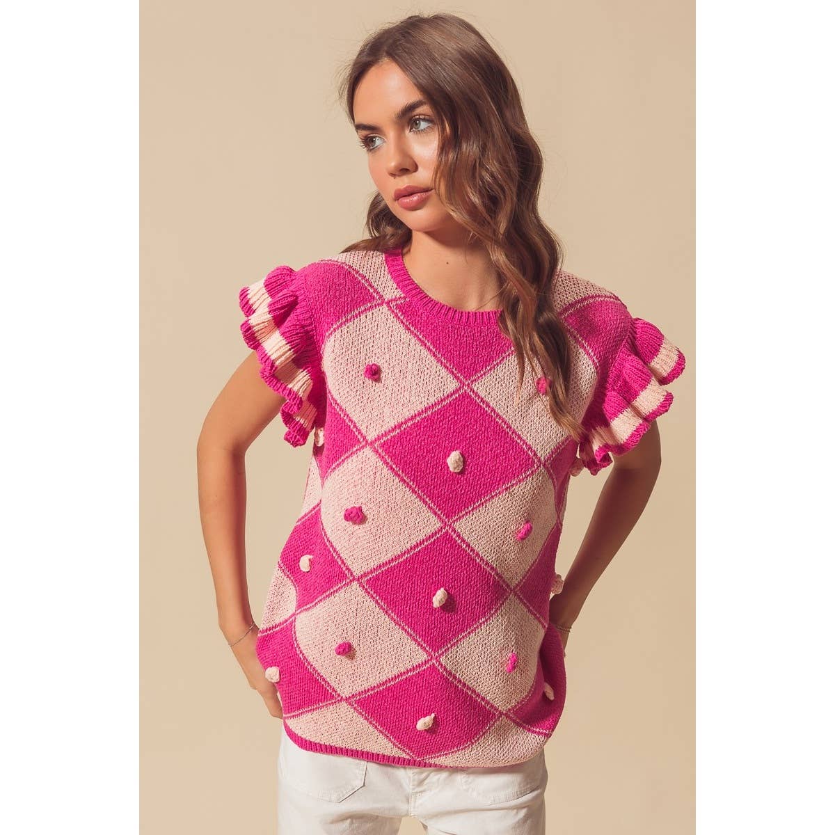 ARGYLE PATTER SWEATER TOP WITH RUFFLED SLEEVES