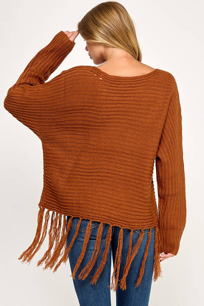 IT3453 - LONG SLEEVE SOLID BOAT NECK SWEATER WITH FRINGE