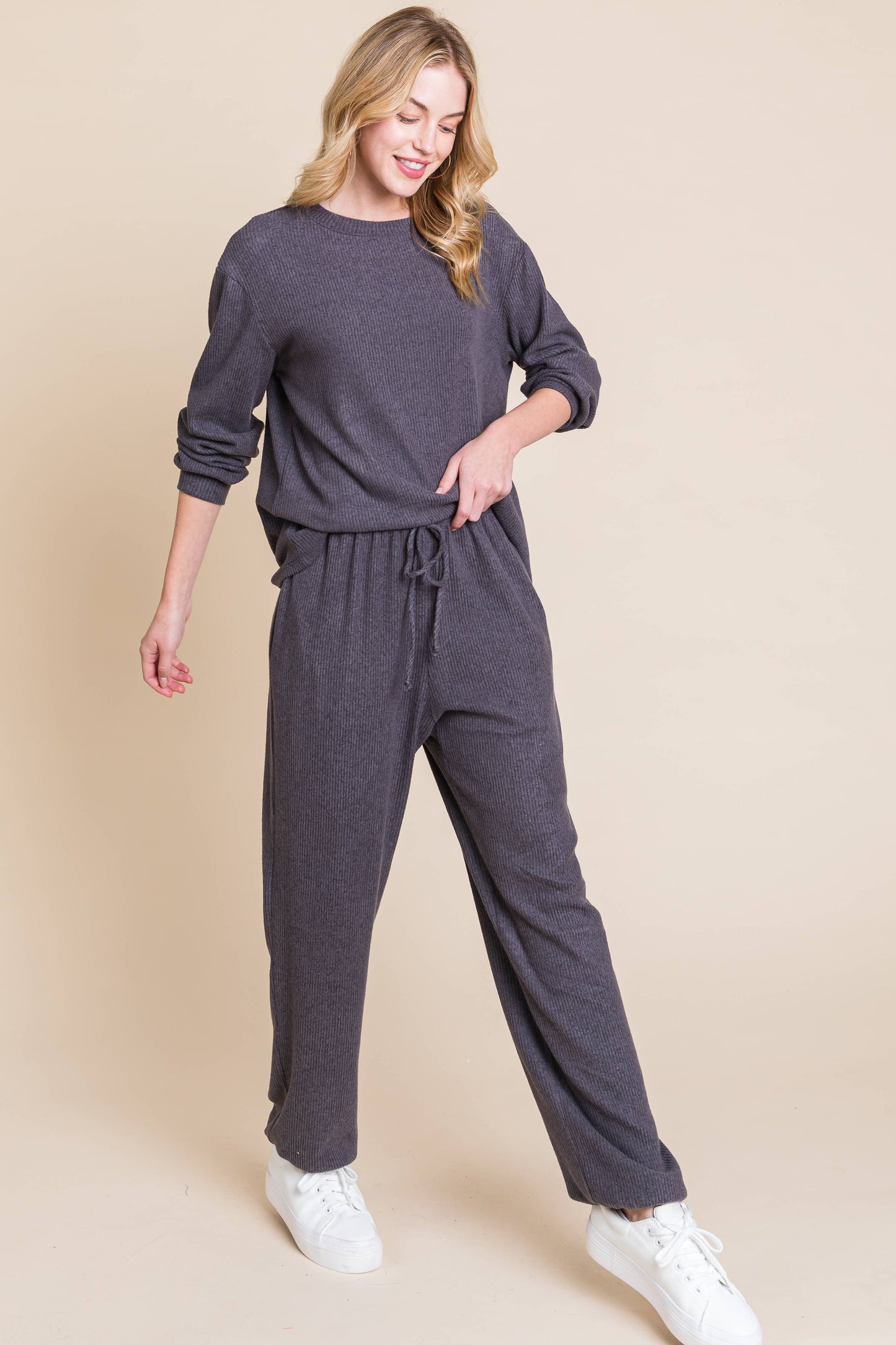 ETK-9334-PL Plus Size Rib. Hacci Brush Casual Loungewear Set