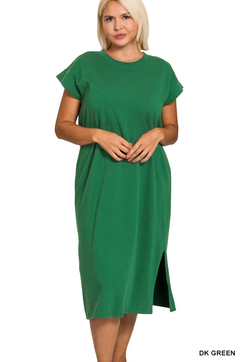 0624 Plus Round Neck Short Sleeve Midi Dress w/ Side Slit SI-2728