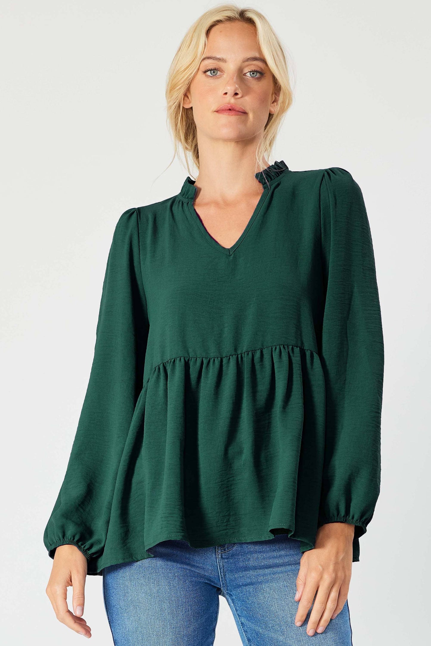 ST3073-A - SOLID LONG SLEEVE PEPLUM  TOP WITH RUFFLE COLLAR