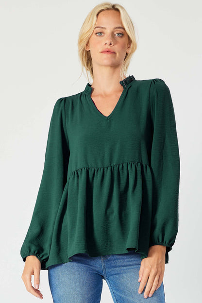 ST3073-A - SOLID LONG SLEEVE PEPLUM  TOP WITH RUFFLE COLLAR