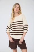 STRIPE TEXTURED KNIT HALF SLEEVE KNIT SWEATER