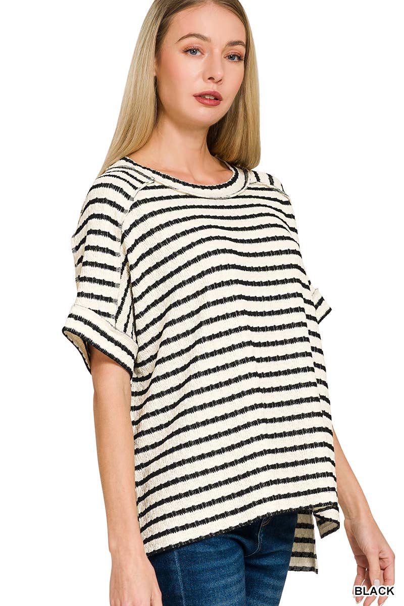 Striped Short Sleeve Hi Low Tee  - Zenana