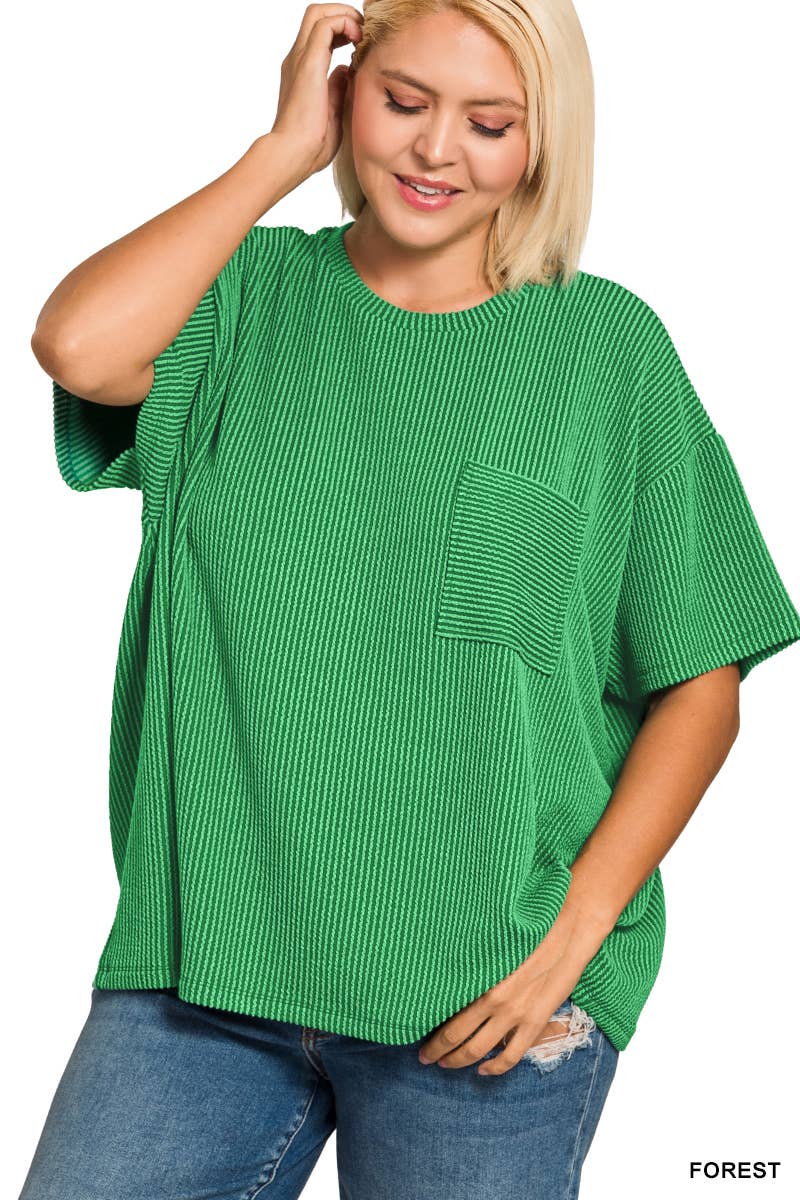 0107 Plus Raised Rib Short Sleeve Front Pocket Top SI-28942