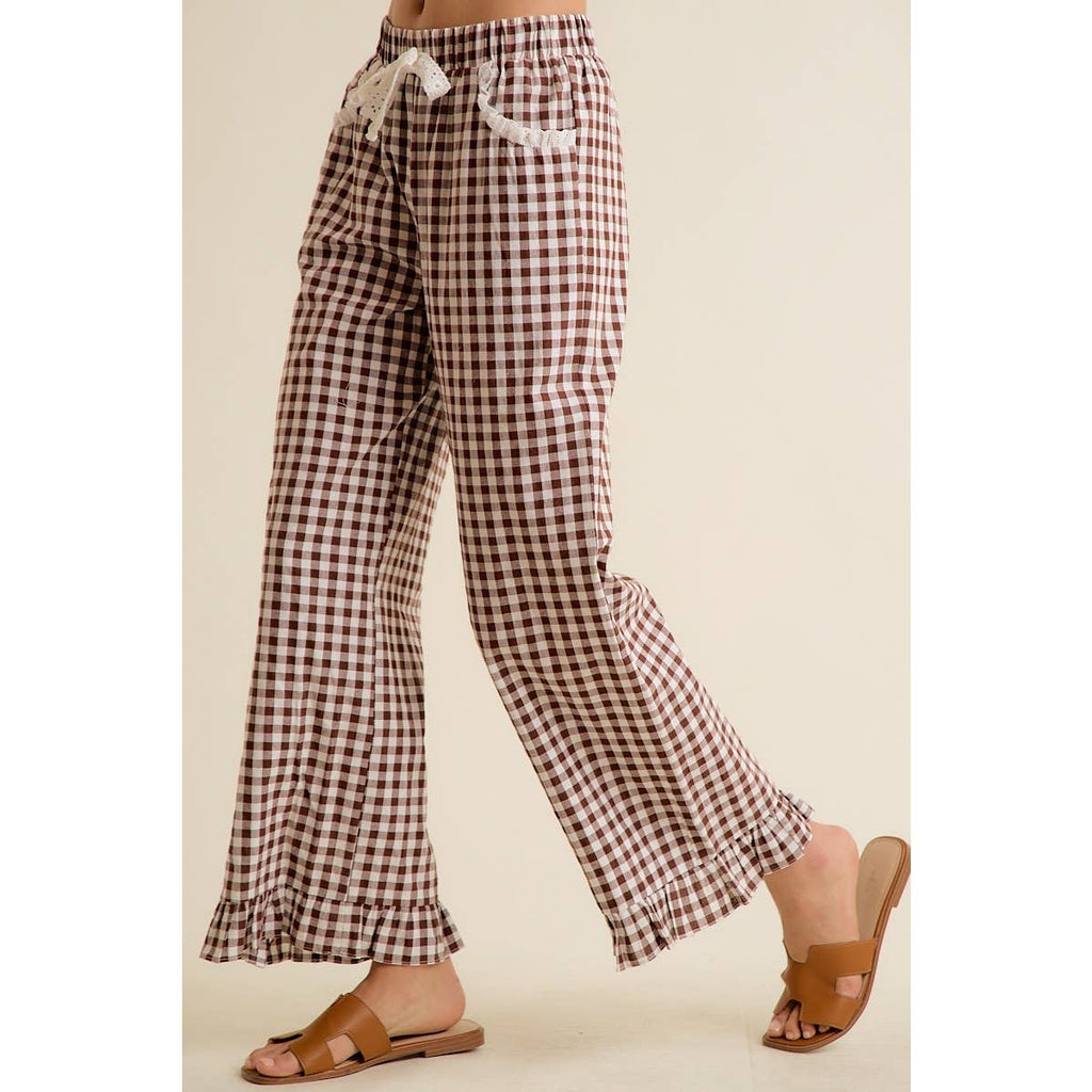 GINGHAM LACE RUFFLED PULL ON PANTS