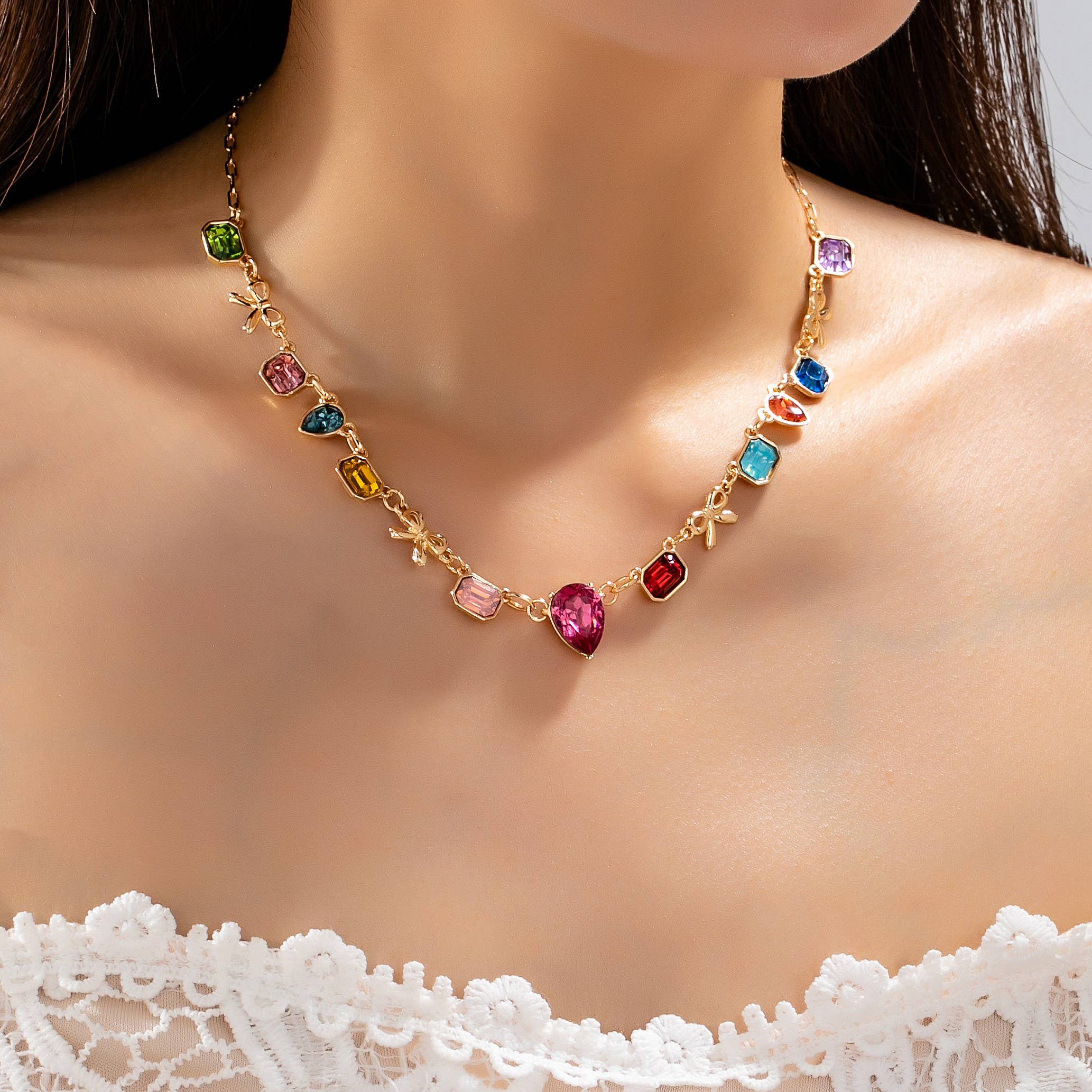 Multi color Teardrop Square Crystal Bow Necklace | 80N93253