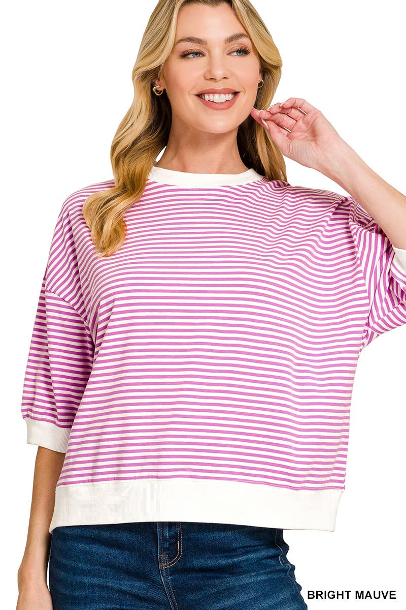 Striped Contrast Trim Banded Bottom Top - Zenana