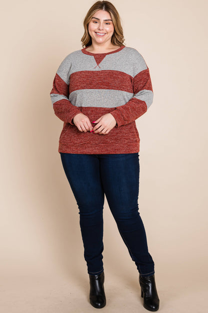ETK-8626-PL Plus Size Color Block Casual Top
