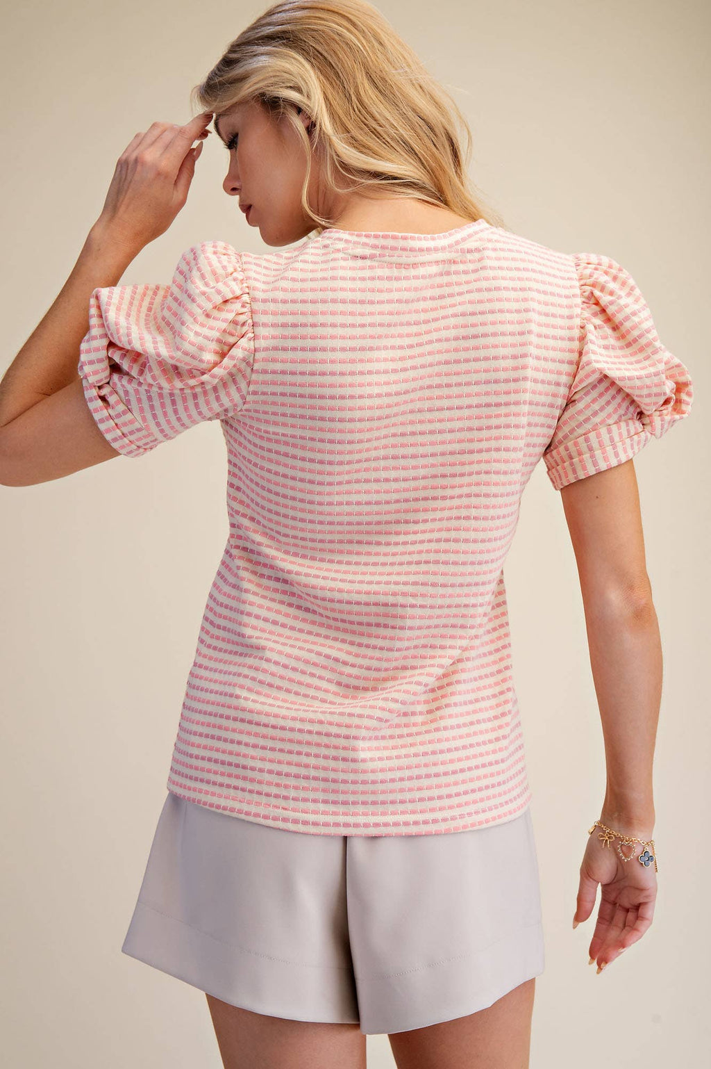 Round Neck Puff Sleeve Stripe Top