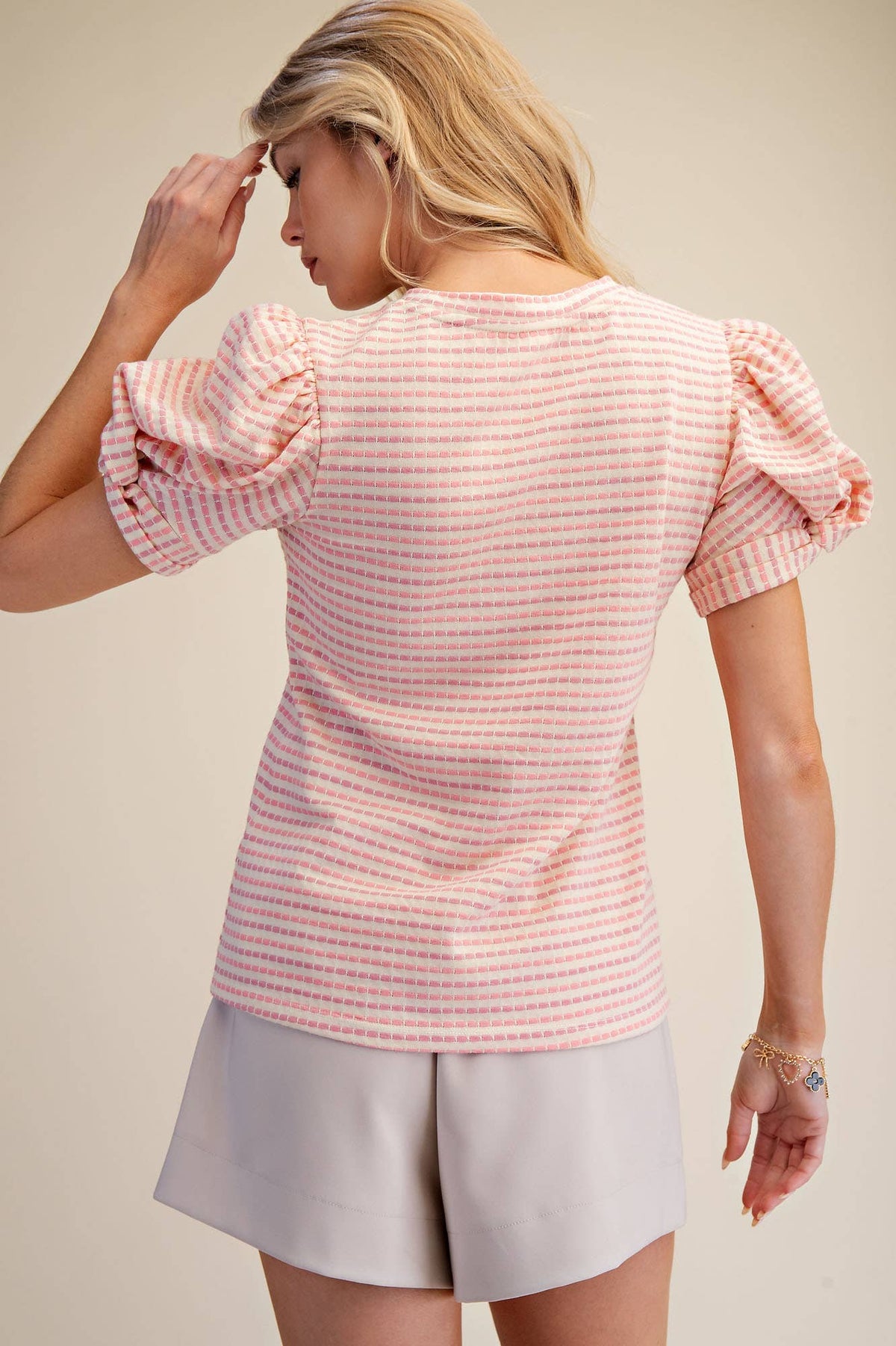 Round Neck Puff Sleeve Stripe Top