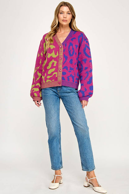 IJ1101 - LEOPARD COLOR BLOCK BUTTON DOWN SWEATER CARDIGAN