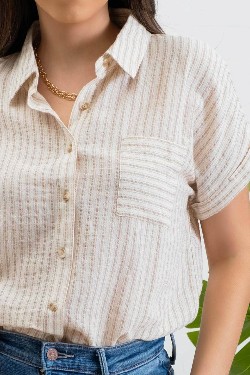 STRIPE COLLARED SHORT SLEEVE LINEN SHIRT: BLACK