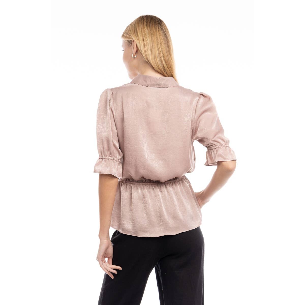Elbow Sleeve Blouse With Half Placket