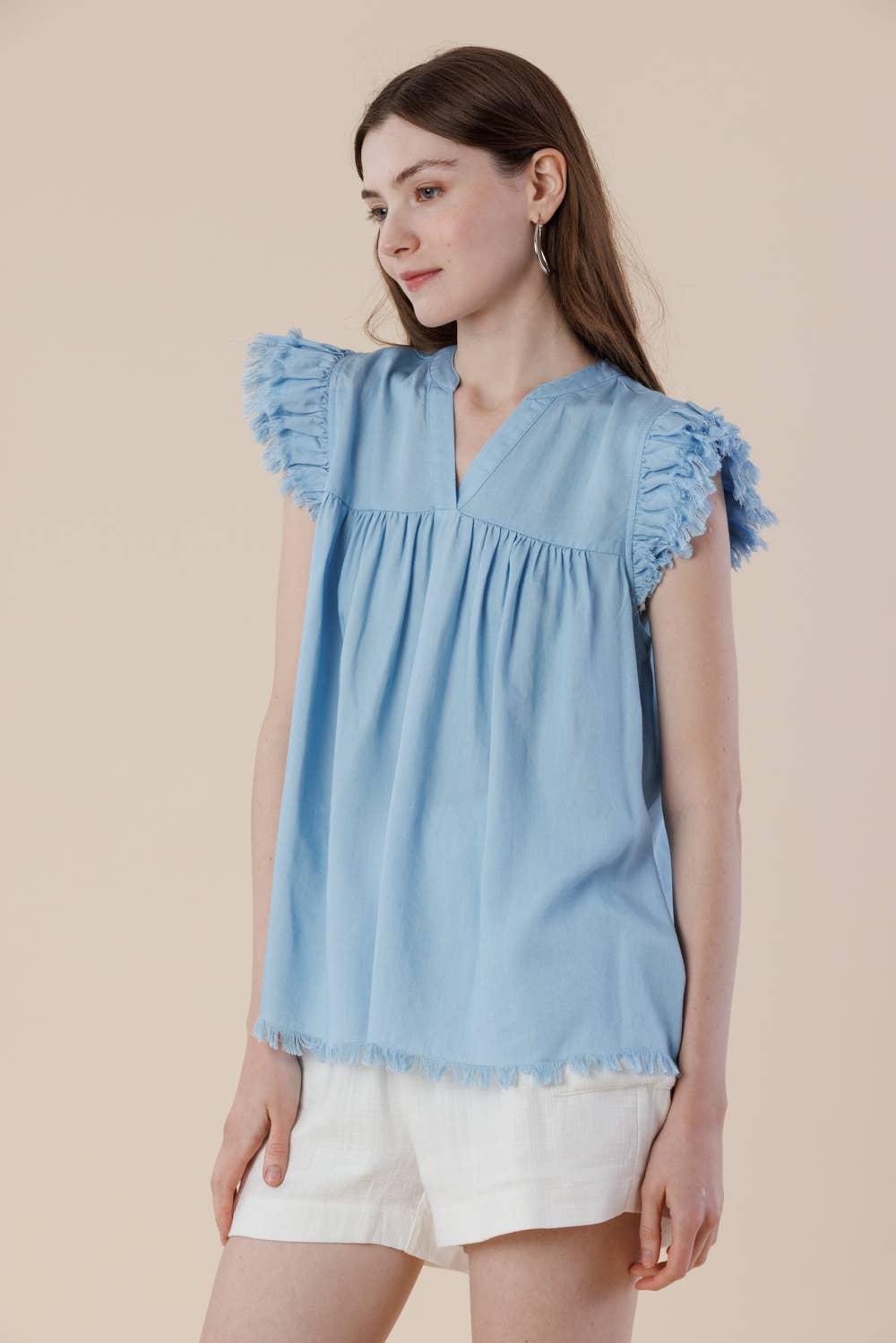 Pre-Washed Tencel Denim Frayed Ruffle Cap Sleeve Top