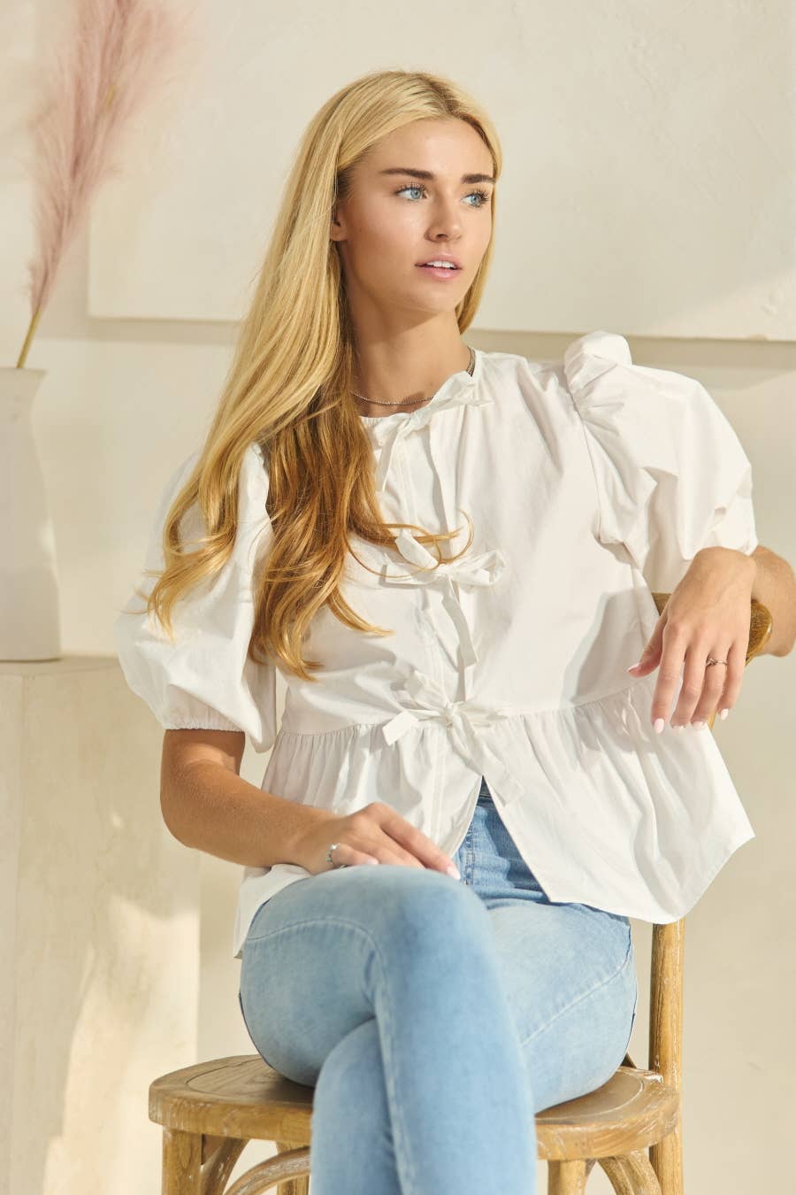 Solid Cotton Poplin Front Tie Ribbon Blouse: Burgundy / M