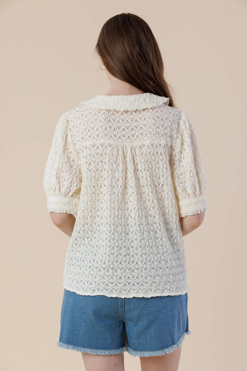 Peter Pan Collar Puff Sleeves Button-up Lace Blouse