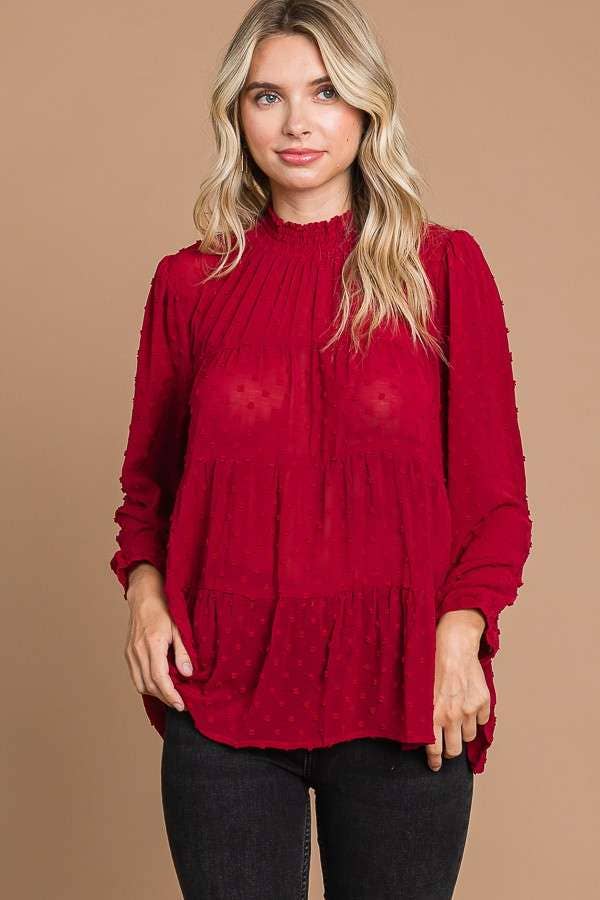 CWT1887Q - SMOCK NECK TIERED 3/4 SLEEVE TOP