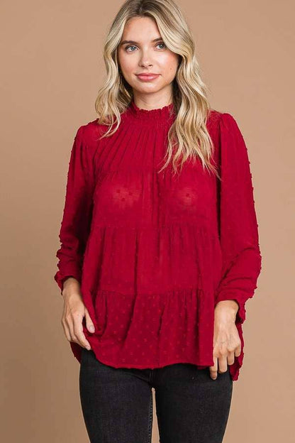 CWT1887Q - SMOCK NECK TIERED 3/4 SLEEVE TOP