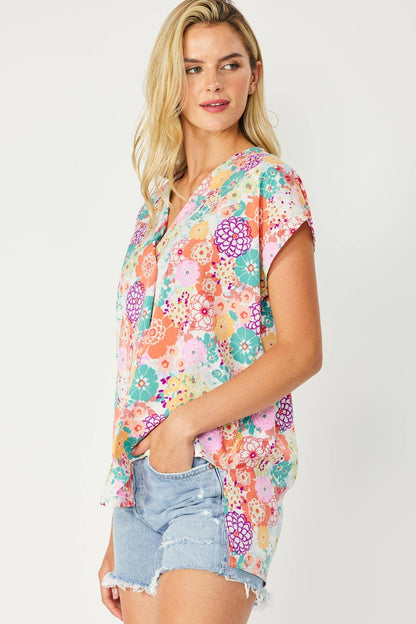 ST3611-E - FLORAL PRINT HI-LOW V NECK RELAXED FIT TOP