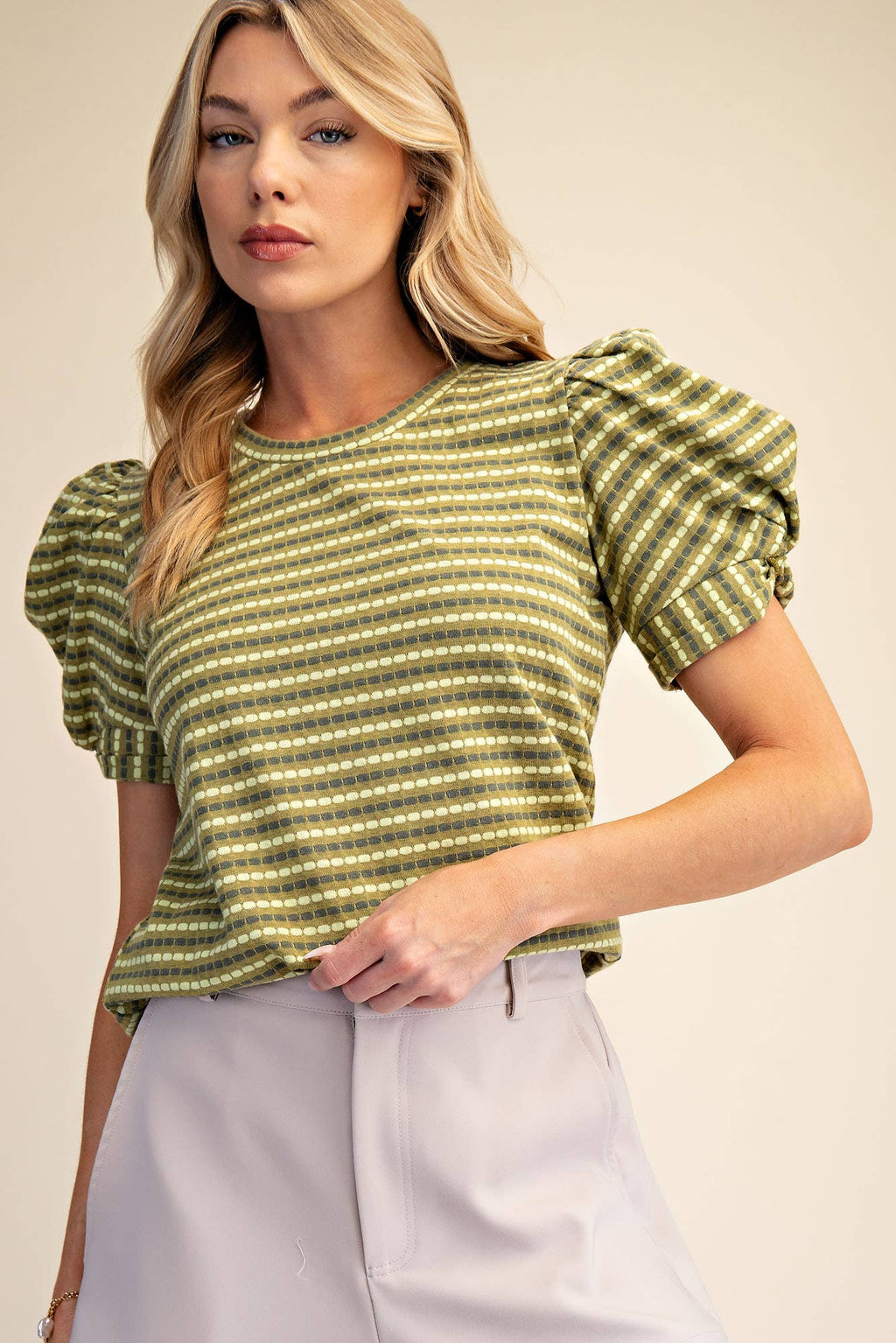 Round Neck Puff Sleeve Stripe Top