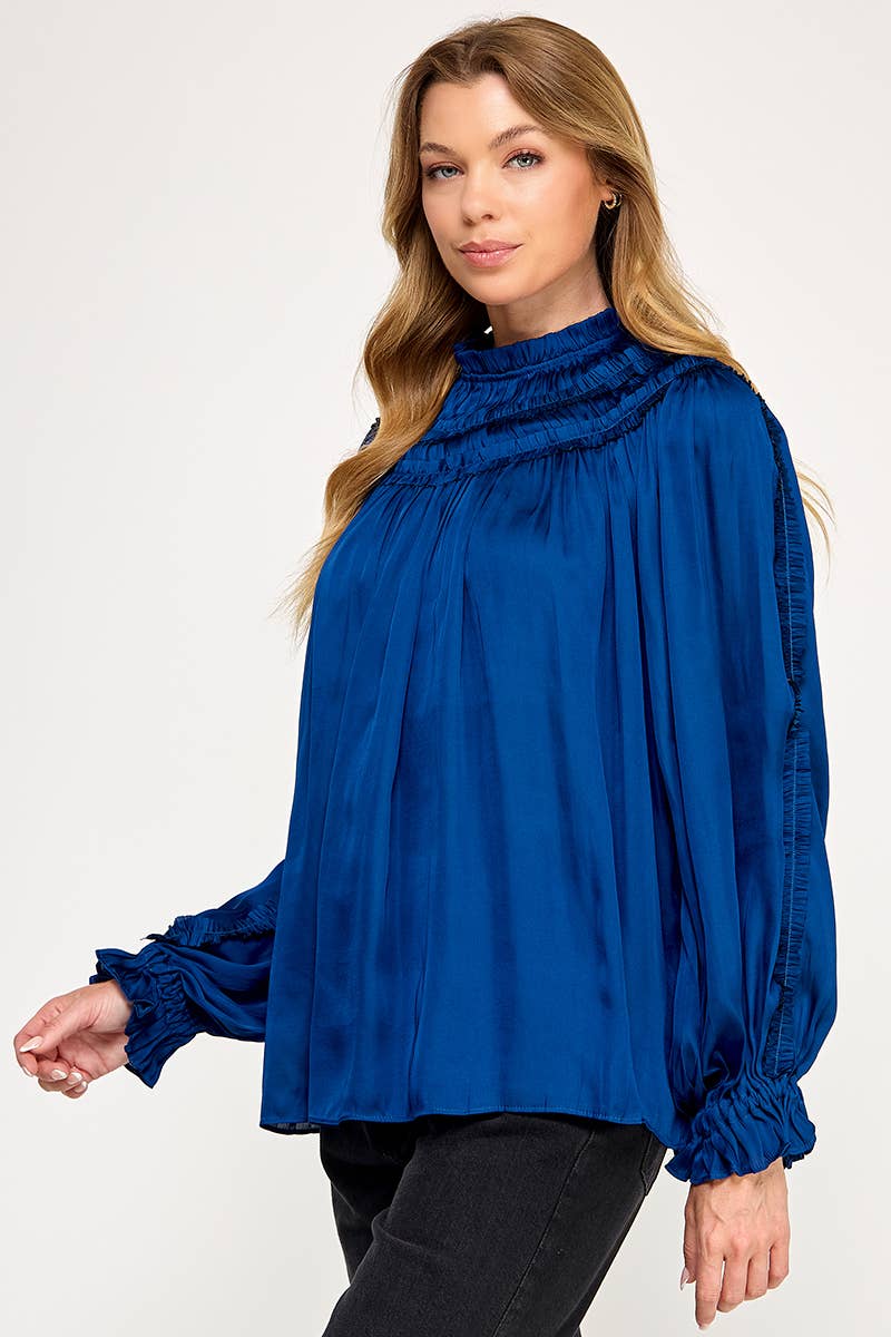 IT3477 - RUFFLED LONG SLEEVES SATIN TOP