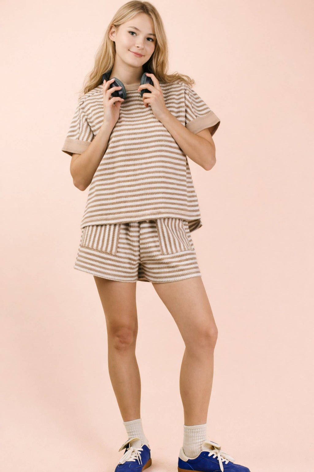NT12480SET-Striped Comfy Knit Top & Shorts Set