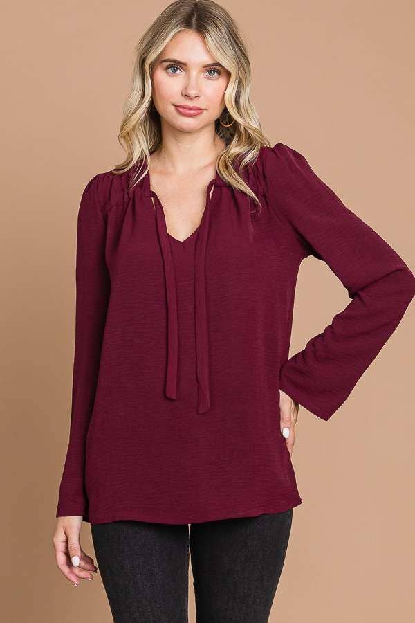 CWT1862L - RUCHING YOKE DETAIL BELL SLEEVE TOP
