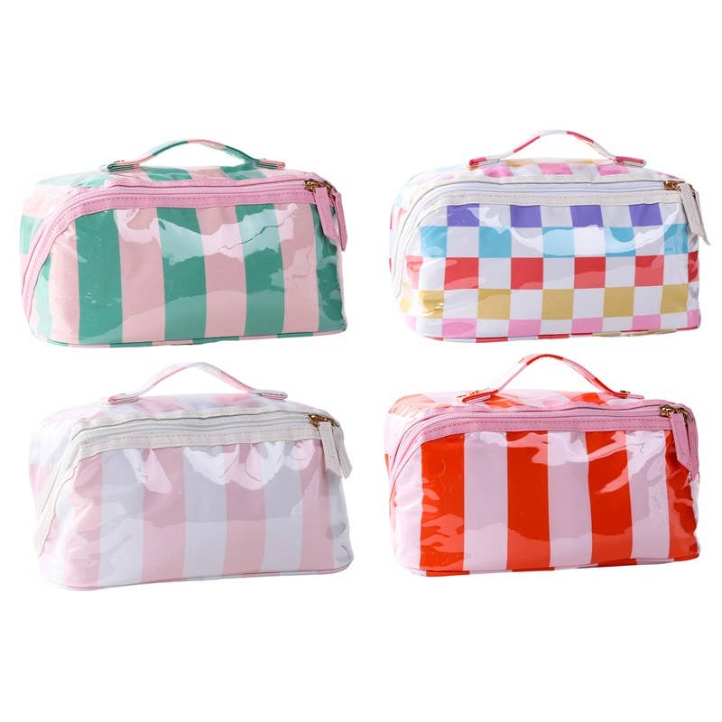 CHECKER STRIPED  OPEN FLAT COSMETIC MAKEUP POUCH | 40P610