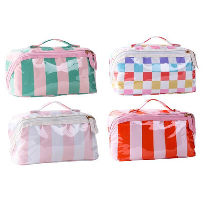 CHECKER STRIPED  OPEN FLAT COSMETIC MAKEUP POUCH | 40P610
