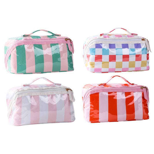 CHECKER STRIPED  OPEN FLAT COSMETIC MAKEUP POUCH | 40P610