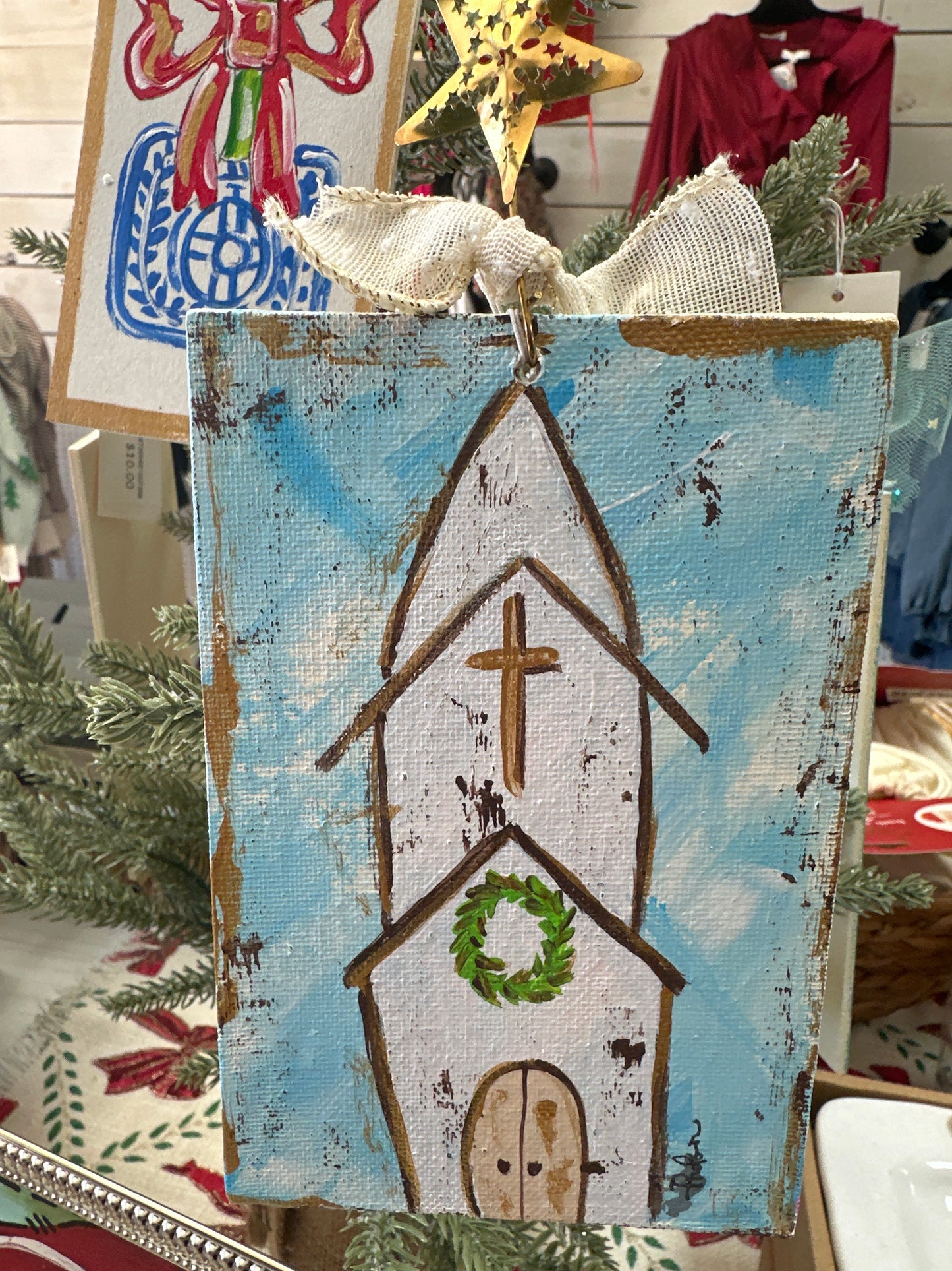 HANDPAINTED CHURCH CANVAS ORNAMENT