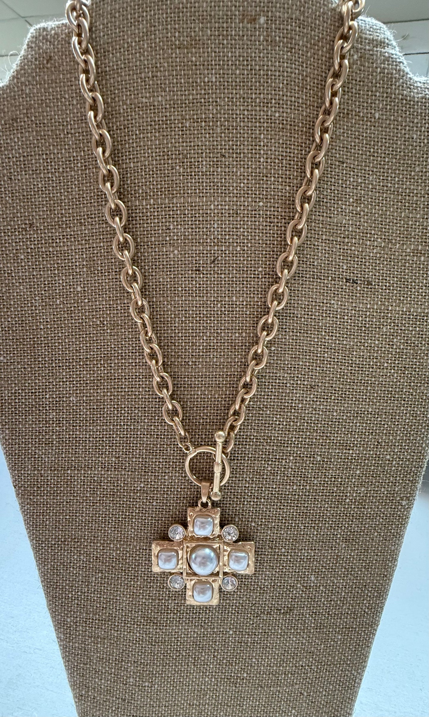 Gold cross pearl necklace