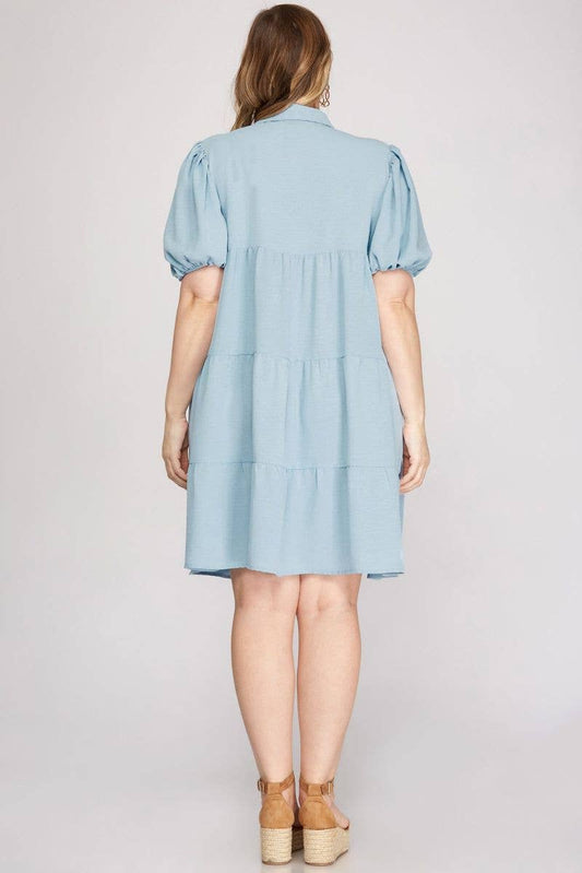 LT. BLUE SHORT PUFF SLEEVES TIERED PLUS SIZE MINI DRESS: LT. BLUE / Plus Size / 2XL
