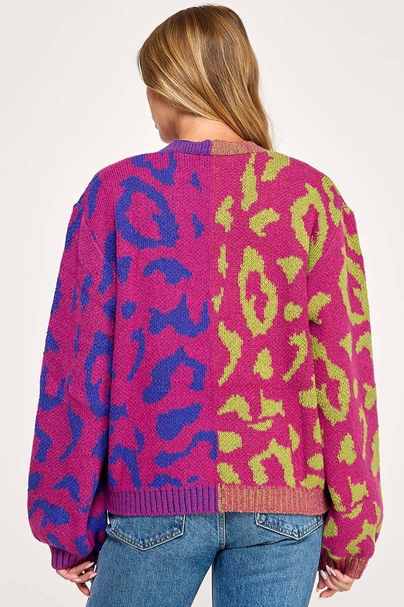 IJ1101 - LEOPARD COLOR BLOCK BUTTON DOWN SWEATER CARDIGAN