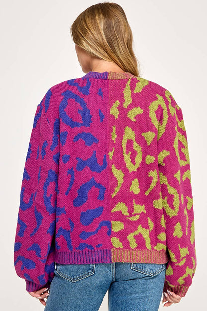 IJ1101 - LEOPARD COLOR BLOCK BUTTON DOWN SWEATER CARDIGAN