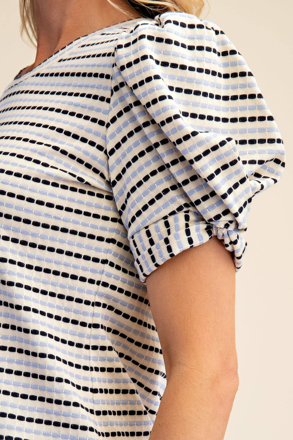 Round Neck Puff Sleeve Stripe Top