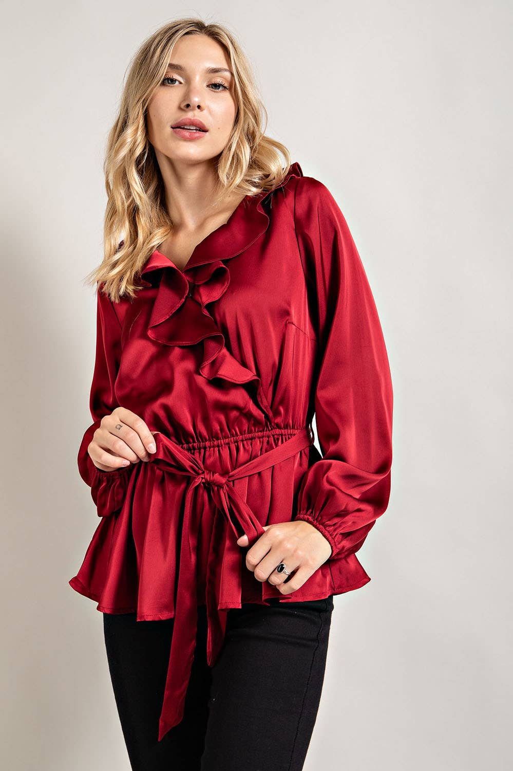 IT3416 - RUFFLED SATIN TOP WITH SELF TIE BELT