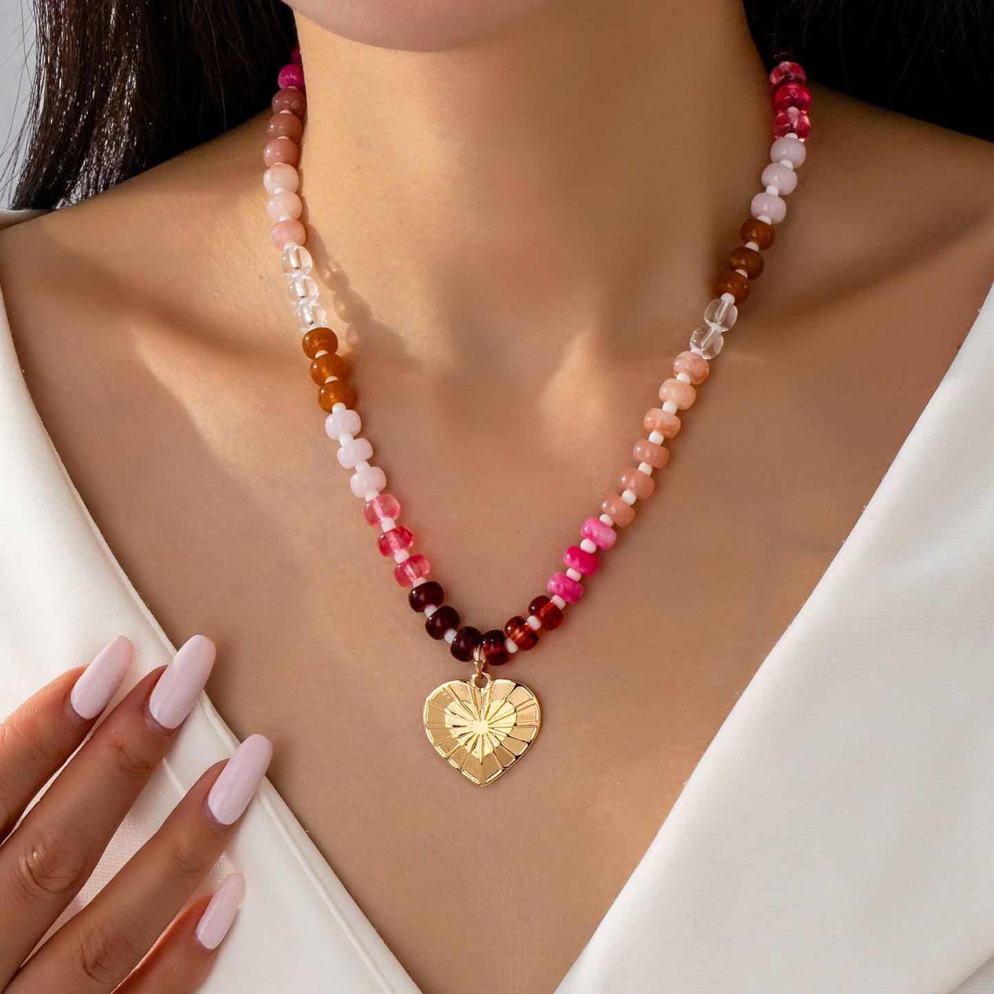 MULTI BEADED CHAIN HEART CHARM NECKLACE | 80N92630