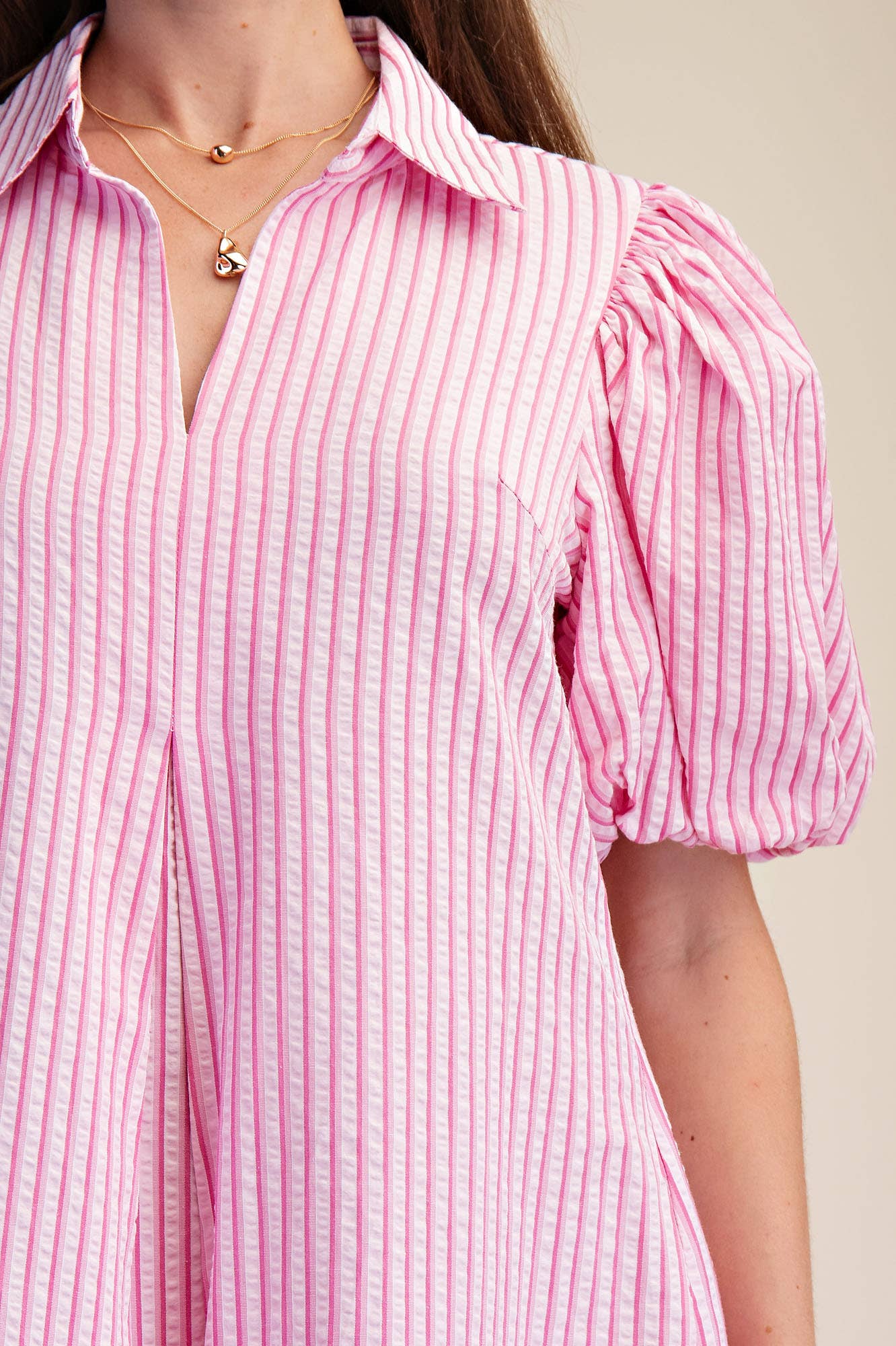 Collar V-Neck Puff Sleeve Stripe Pleated Midi Dress