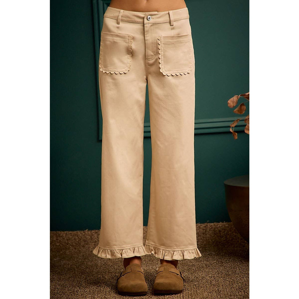 MID RISES CALLOP TRIM PATCH POCKET RUFFLED BOTTOM PANTS