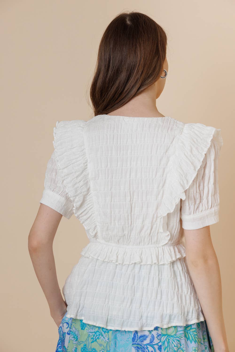 Textured Cotton Surpliced Puff Short Sleeve Ruffle Top