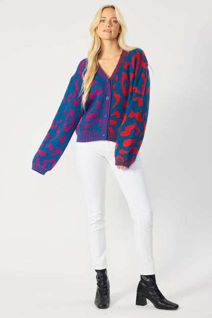 IJ1101 - LEOPARD COLOR BLOCK BUTTON DOWN SWEATER CARDIGAN