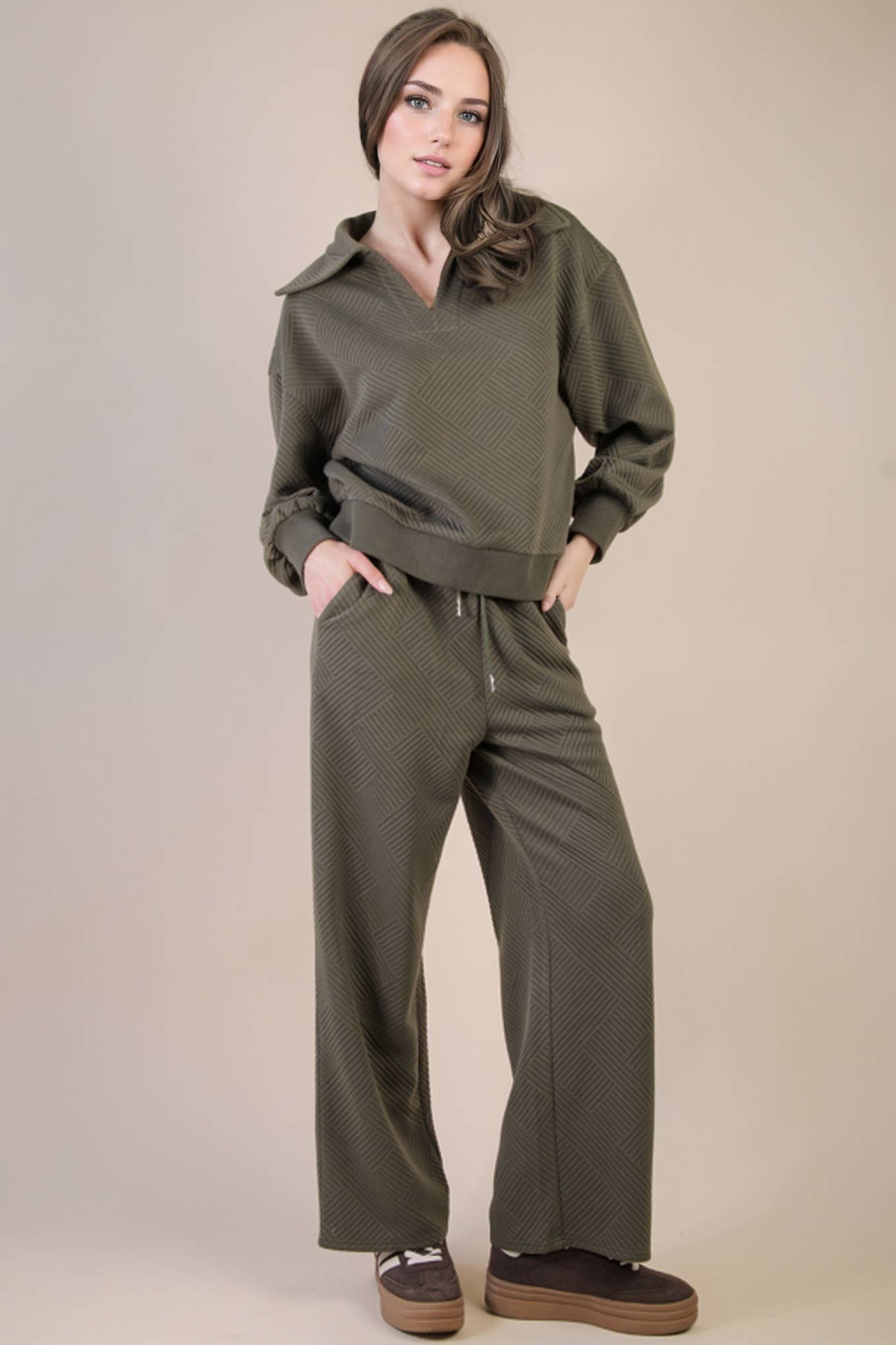 NT12404SET-Textured Knit Casual Comfy Top & Pants Set