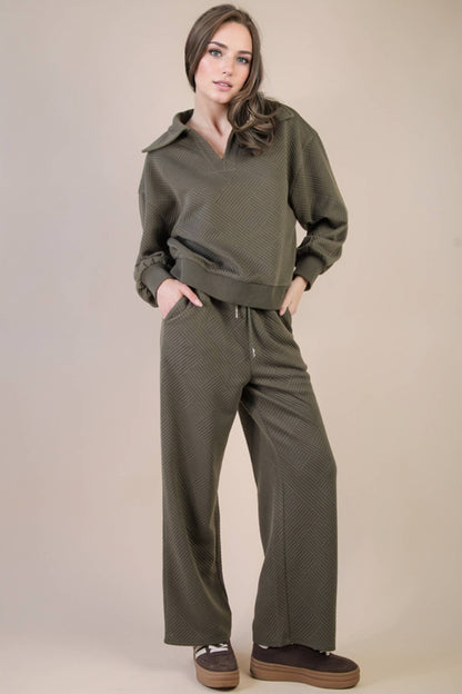 NT12404SET-Textured Knit Casual Comfy Top & Pants Set