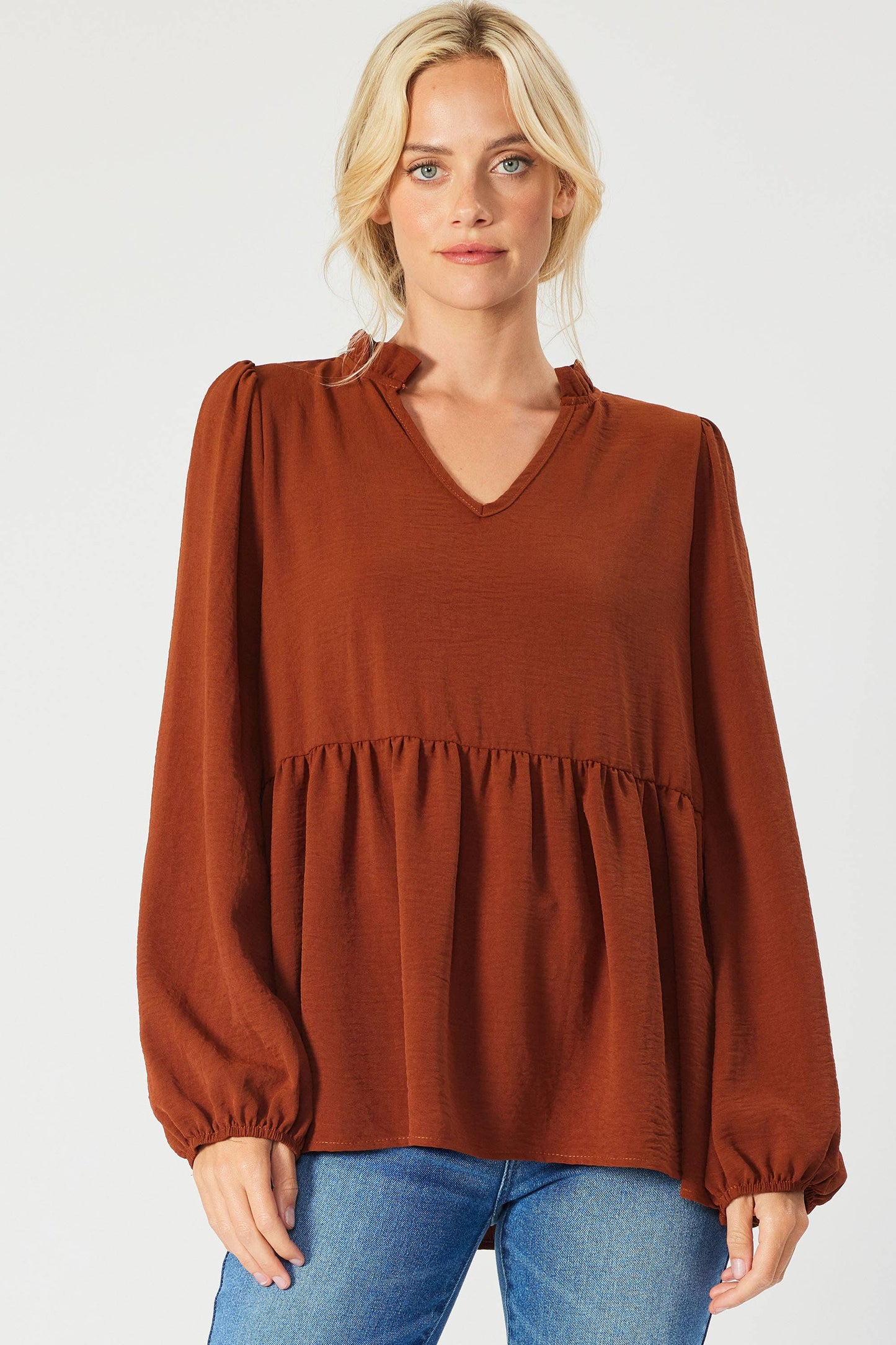 ST3073-A - SOLID LONG SLEEVE PEPLUM  TOP WITH RUFFLE COLLAR