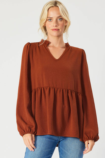 ST3073-A - SOLID LONG SLEEVE PEPLUM  TOP WITH RUFFLE COLLAR