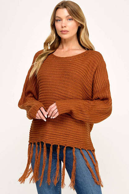 IT3453 - LONG SLEEVE SOLID BOAT NECK SWEATER WITH FRINGE